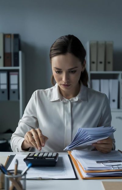 woman-with-bills-calculator-woman-using-calculator-calculate-bills-table-office