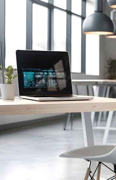 Workplace with laptop on table in modern office. Space for text